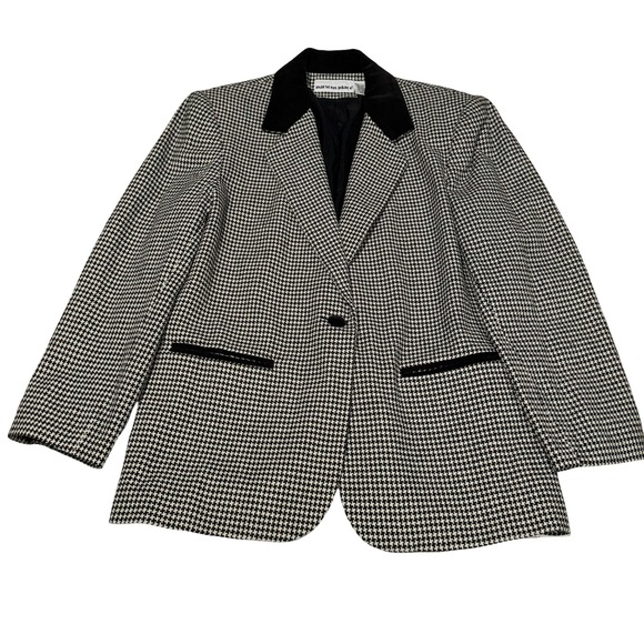 Parsons Place Jackets & Blazers - Y2K Parsons Place Vtg Houndstooth Blazer Black White Velvet Collar Wool Blend 12